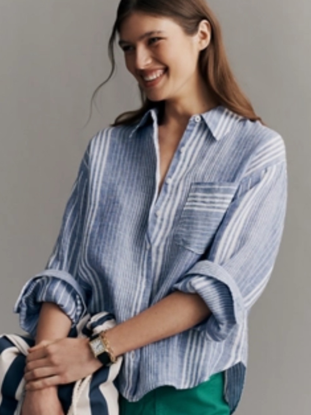 NWT Anthropologie Maeve Shrunken Bennet 100% Linen Button Down Shirt Medium - Picture 2 of 6